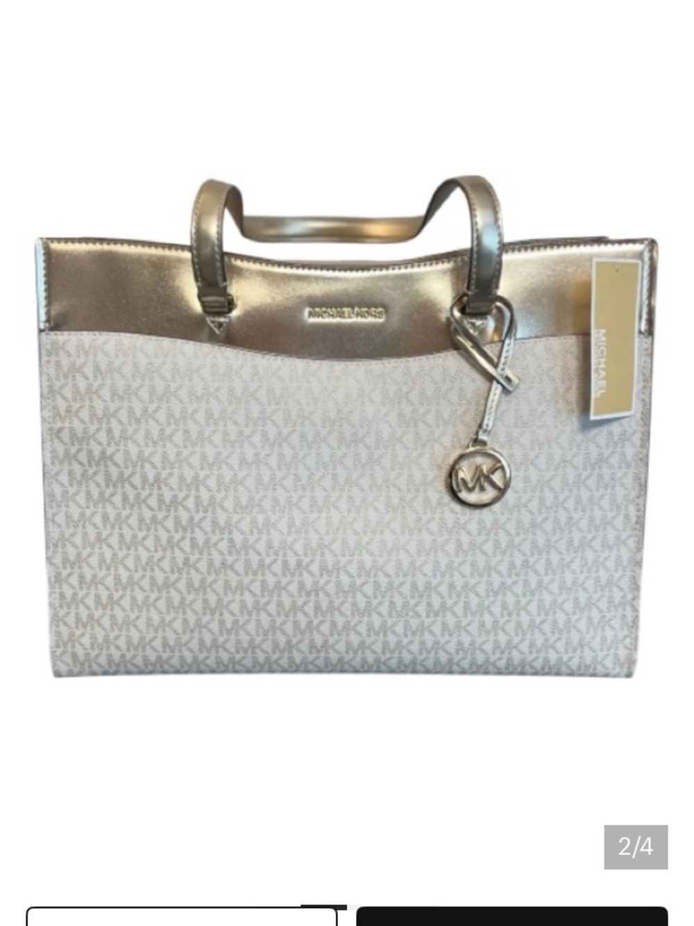 Michael Kors White Logo Tote with Metallic Gold Trim